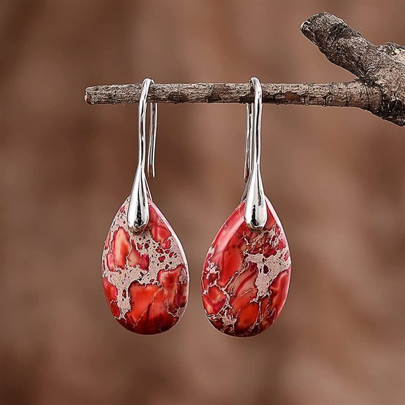 Navy & Red Jasper Teardrop Drop Earrings in Goldtone main image 0